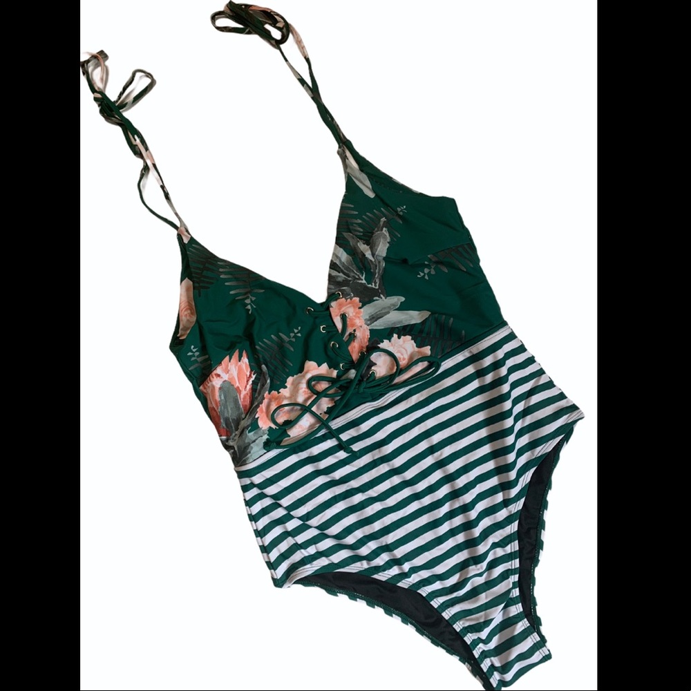 Striped & Floral One Piece Swimsuit